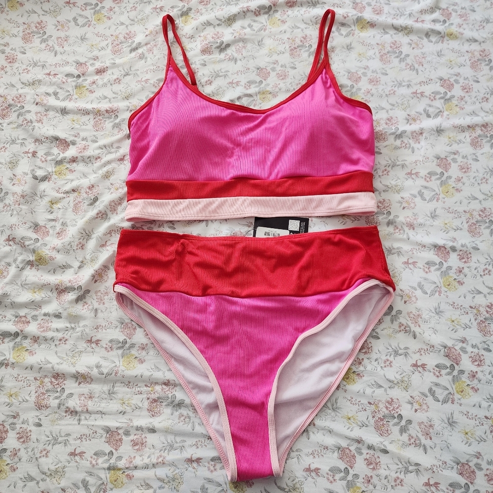 NWT Jess Lea Pink Colorblock Two‎ Piece Swimsuit Bikini - Picture 2 of 8